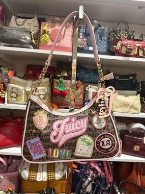 Juicy Couture Brown Monogram Patchwork Shoulder Bag with Pink Trim